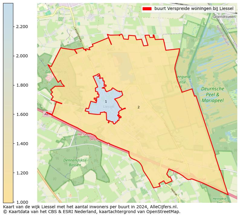 Kaart van de wijk Liessel met het aantal inwoners per buurt in 2024. Op deze pagina vind je veel informatie over inwoners (zoals de verdeling naar leeftijdsgroepen, gezinssamenstelling, geslacht, autochtoon of Nederlands met een immigratie achtergrond,...), woningen (aantallen, types, prijs ontwikkeling, gebruik, type eigendom,...) en méér (autobezit, energieverbruik,...)  op basis van open data van het Centraal Bureau voor de Statistiek en diverse andere bronnen!