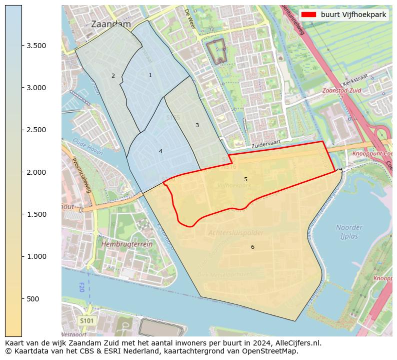 Kaart van de wijk Zaandam Zuid met het aantal inwoners per buurt in 2024. Op deze pagina vind je veel informatie over inwoners (zoals de verdeling naar leeftijdsgroepen, gezinssamenstelling, geslacht, autochtoon of Nederlands met een immigratie achtergrond,...), woningen (aantallen, types, prijs ontwikkeling, gebruik, type eigendom,...) en méér (autobezit, energieverbruik,...)  op basis van open data van het Centraal Bureau voor de Statistiek en diverse andere bronnen!