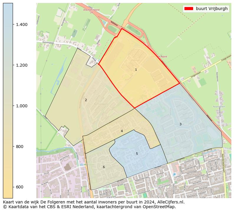 Kaart van de wijk De Folgeren met het aantal inwoners per buurt in 2024. Op deze pagina vind je veel informatie over inwoners (zoals de verdeling naar leeftijdsgroepen, gezinssamenstelling, geslacht, autochtoon of Nederlands met een immigratie achtergrond,...), woningen (aantallen, types, prijs ontwikkeling, gebruik, type eigendom,...) en méér (autobezit, energieverbruik,...)  op basis van open data van het centraal bureau voor de statistiek en diverse andere bronnen!