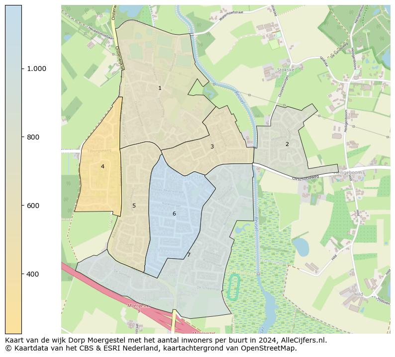 Kaart van de wijk Dorp Moergestel met het aantal inwoners per buurt in 2024. Op deze pagina vind je veel informatie over inwoners (zoals de verdeling naar leeftijdsgroepen, gezinssamenstelling, geslacht, autochtoon of Nederlands met een immigratie achtergrond,...), woningen (aantallen, types, prijs ontwikkeling, gebruik, type eigendom,...) en méér (autobezit, energieverbruik,...)  op basis van open data van het centraal bureau voor de statistiek en diverse andere bronnen!