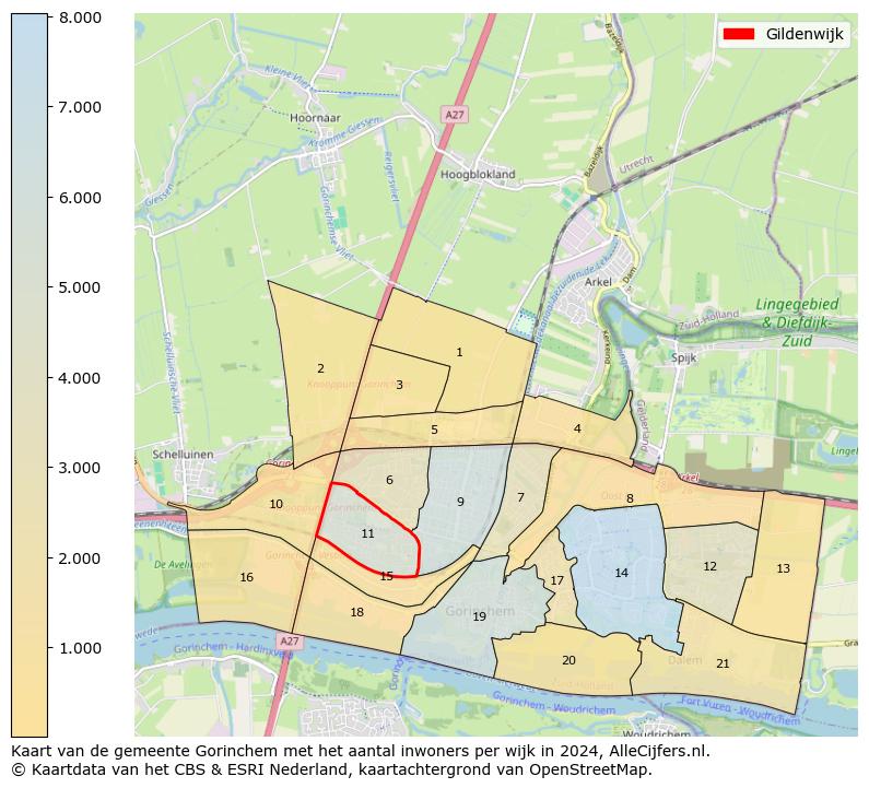 Kaart van de gemeente Gorinchem met het aantal inwoners per wijk in 2024. Op deze pagina vind je veel informatie over inwoners (zoals de verdeling naar leeftijdsgroepen, gezinssamenstelling, geslacht, autochtoon of Nederlands met een immigratie achtergrond,...), woningen (aantallen, types, prijs ontwikkeling, gebruik, type eigendom,...) en méér (autobezit, energieverbruik,...)  op basis van open data van het centraal bureau voor de statistiek en diverse andere bronnen!