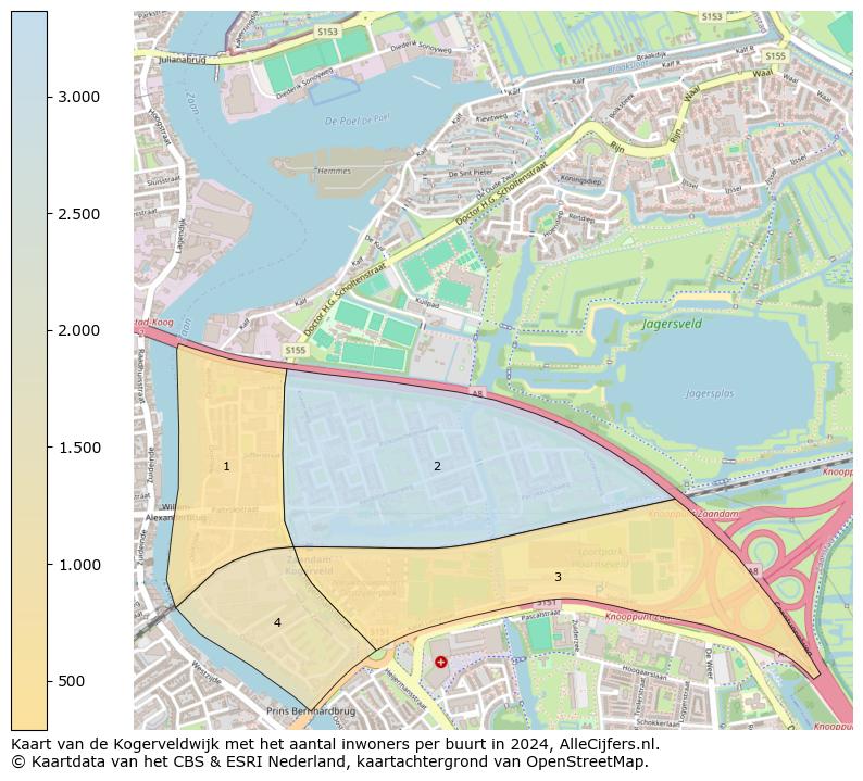 Kaart van de Kogerveldwijk met het aantal inwoners per buurt in 2024. Op deze pagina vind je veel informatie over inwoners (zoals de verdeling naar leeftijdsgroepen, gezinssamenstelling, geslacht, autochtoon of Nederlands met een immigratie achtergrond,...), woningen (aantallen, types, prijs ontwikkeling, gebruik, type eigendom,...) en méér (autobezit, energieverbruik,...)  op basis van open data van het centraal bureau voor de statistiek en diverse andere bronnen!