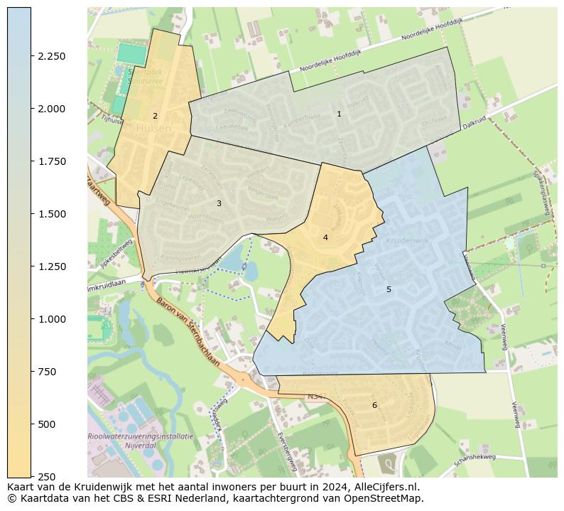 Kaart van de Kruidenwijk met het aantal inwoners per buurt in 2024. Op deze pagina vind je veel informatie over inwoners (zoals de verdeling naar leeftijdsgroepen, gezinssamenstelling, geslacht, autochtoon of Nederlands met een immigratie achtergrond,...), woningen (aantallen, types, prijs ontwikkeling, gebruik, type eigendom,...) en méér (autobezit, energieverbruik,...)  op basis van open data van het centraal bureau voor de statistiek en diverse andere bronnen!