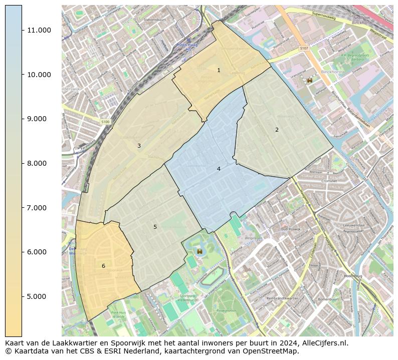 Kaart van de Laakkwartier en Spoorwijk met het aantal inwoners per buurt in 2024. Op deze pagina vind je veel informatie over inwoners (zoals de verdeling naar leeftijdsgroepen, gezinssamenstelling, geslacht, autochtoon of Nederlands met een immigratie achtergrond,...), woningen (aantallen, types, prijs ontwikkeling, gebruik, type eigendom,...) en méér (autobezit, energieverbruik,...)  op basis van open data van het centraal bureau voor de statistiek en diverse andere bronnen!