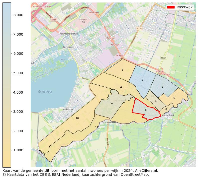 Kaart van de gemeente Uithoorn met het aantal inwoners per wijk in 2024. Op deze pagina vind je veel informatie over inwoners (zoals de verdeling naar leeftijdsgroepen, gezinssamenstelling, geslacht, autochtoon of Nederlands met een immigratie achtergrond,...), woningen (aantallen, types, prijs ontwikkeling, gebruik, type eigendom,...) en méér (autobezit, energieverbruik,...)  op basis van open data van het centraal bureau voor de statistiek en diverse andere bronnen!