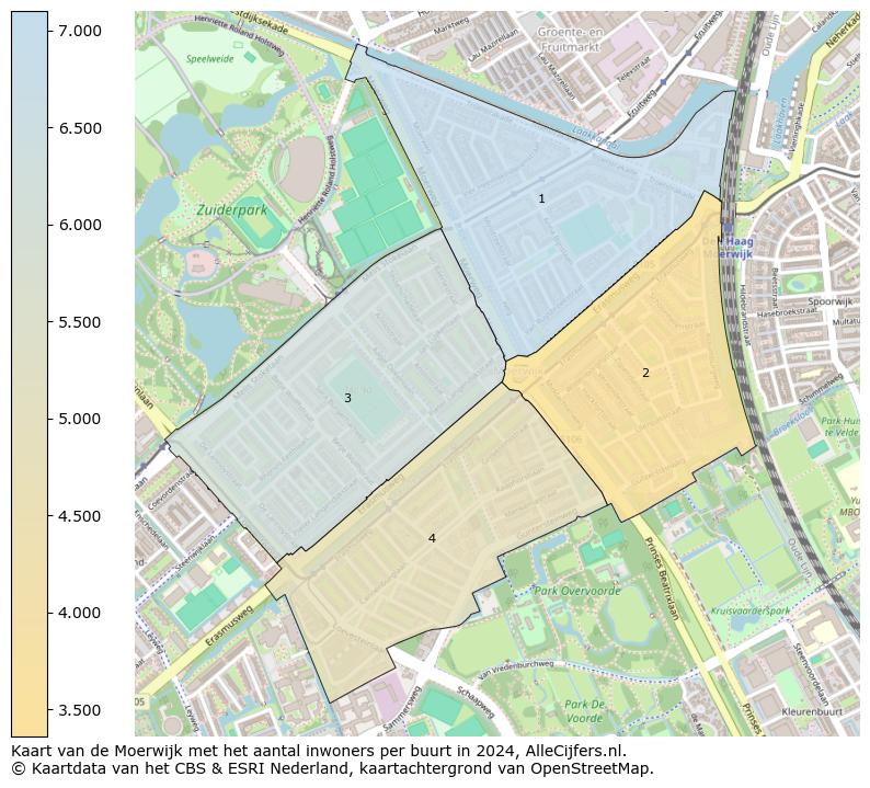 Kaart van de Moerwijk met het aantal inwoners per buurt in 2024. Op deze pagina vind je veel informatie over inwoners (zoals de verdeling naar leeftijdsgroepen, gezinssamenstelling, geslacht, autochtoon of Nederlands met een immigratie achtergrond,...), woningen (aantallen, types, prijs ontwikkeling, gebruik, type eigendom,...) en méér (autobezit, energieverbruik,...)  op basis van open data van het Centraal Bureau voor de Statistiek en diverse andere bronnen!