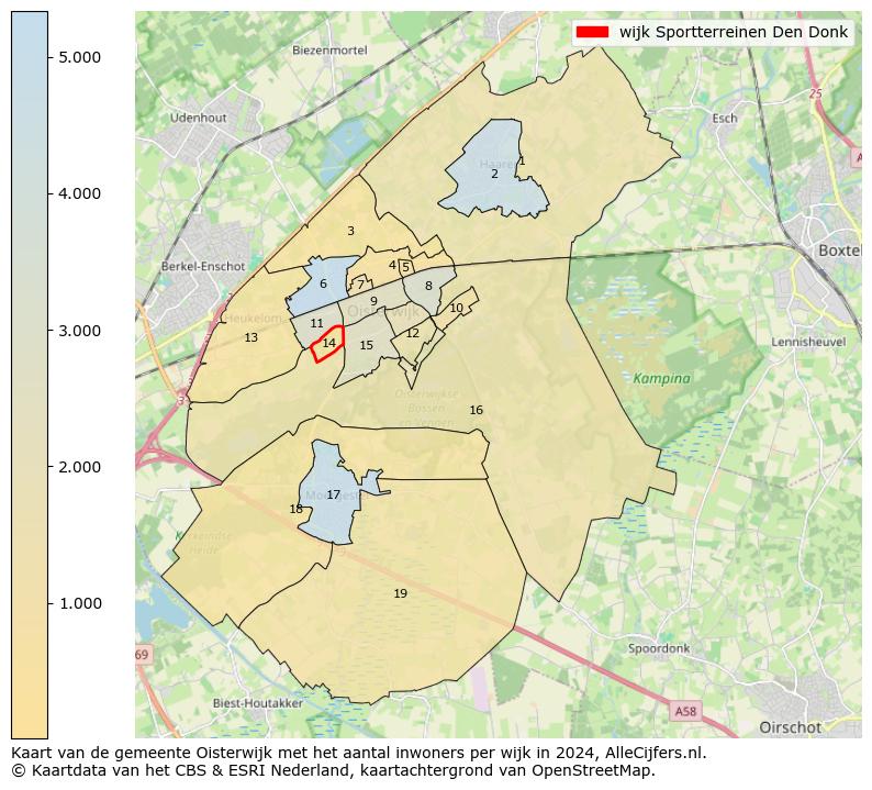 Kaart van de gemeente Oisterwijk met het aantal inwoners per wijk in 2024. Op deze pagina vind je veel informatie over inwoners (zoals de verdeling naar leeftijdsgroepen, gezinssamenstelling, geslacht, autochtoon of Nederlands met een immigratie achtergrond,...), woningen (aantallen, types, prijs ontwikkeling, gebruik, type eigendom,...) en méér (autobezit, energieverbruik,...)  op basis van open data van het centraal bureau voor de statistiek en diverse andere bronnen!