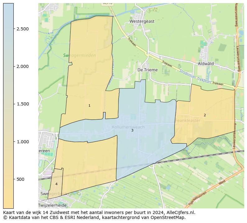 Kaart van de wijk 14 Zuidwest met het aantal inwoners per buurt in 2024. Op deze pagina vind je veel informatie over inwoners (zoals de verdeling naar leeftijdsgroepen, gezinssamenstelling, geslacht, autochtoon of Nederlands met een immigratie achtergrond,...), woningen (aantallen, types, prijs ontwikkeling, gebruik, type eigendom,...) en méér (autobezit, energieverbruik,...)  op basis van open data van het centraal bureau voor de statistiek en diverse andere bronnen!