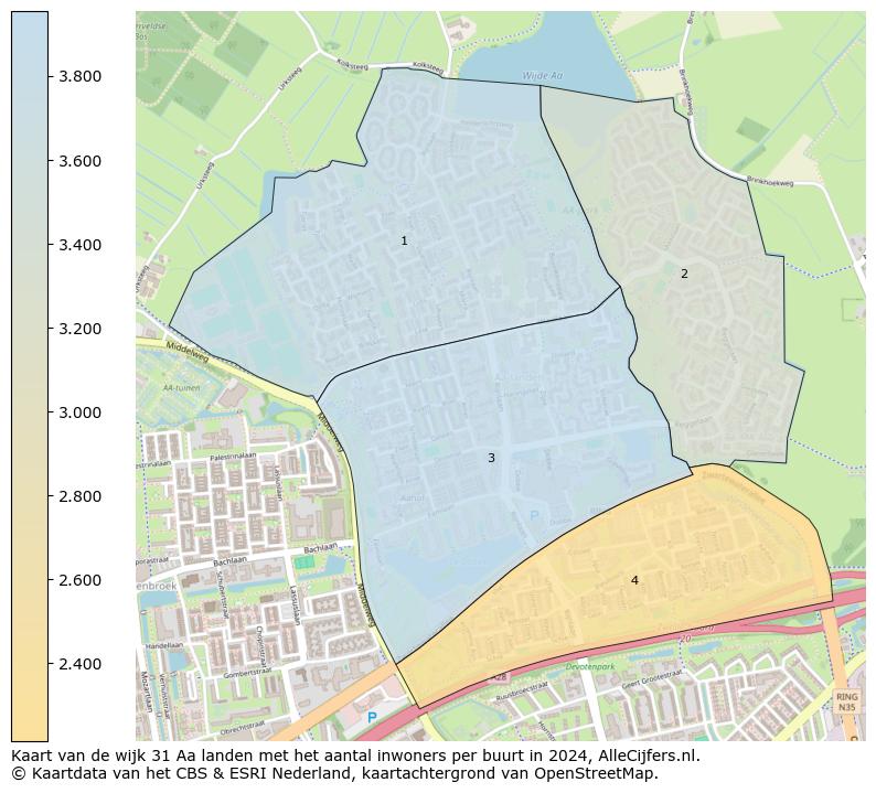 Kaart van de wijk 31 Aa landen met het aantal inwoners per buurt in 2024. Op deze pagina vind je veel informatie over inwoners (zoals de verdeling naar leeftijdsgroepen, gezinssamenstelling, geslacht, autochtoon of Nederlands met een immigratie achtergrond,...), woningen (aantallen, types, prijs ontwikkeling, gebruik, type eigendom,...) en méér (autobezit, energieverbruik,...)  op basis van open data van het Centraal Bureau voor de Statistiek en diverse andere bronnen!