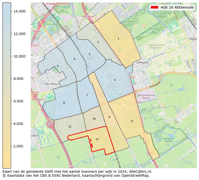 Kaart van de gemeente Delft met het aantal inwoners per wijk in 2024. Op deze pagina vind je veel informatie over inwoners (zoals de verdeling naar leeftijdsgroepen, gezinssamenstelling, geslacht, autochtoon of Nederlands met een immigratie achtergrond,...), woningen (aantallen, types, prijs ontwikkeling, gebruik, type eigendom,...) en méér (autobezit, energieverbruik,...)  op basis van open data van het centraal bureau voor de statistiek en diverse andere bronnen!