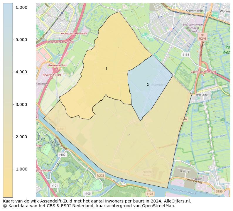 Kaart van de wijk Assendelft-Zuid met het aantal inwoners per buurt in 2024. Op deze pagina vind je veel informatie over inwoners (zoals de verdeling naar leeftijdsgroepen, gezinssamenstelling, geslacht, autochtoon of Nederlands met een immigratie achtergrond,...), woningen (aantallen, types, prijs ontwikkeling, gebruik, type eigendom,...) en méér (autobezit, energieverbruik,...)  op basis van open data van het centraal bureau voor de statistiek en diverse andere bronnen!