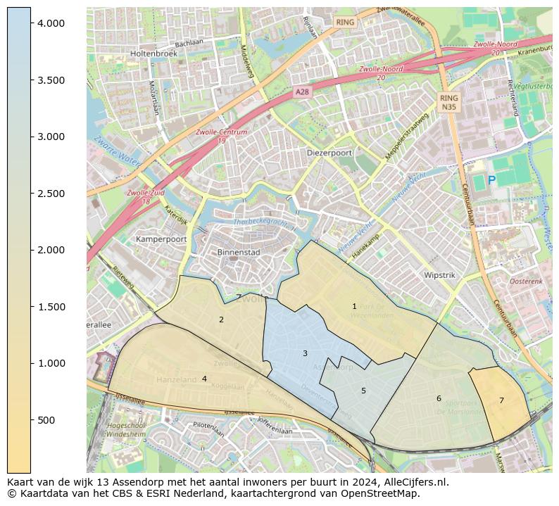 Kaart van de wijk 13 Assendorp met het aantal inwoners per buurt in 2024. Op deze pagina vind je veel informatie over inwoners (zoals de verdeling naar leeftijdsgroepen, gezinssamenstelling, geslacht, autochtoon of Nederlands met een immigratie achtergrond,...), woningen (aantallen, types, prijs ontwikkeling, gebruik, type eigendom,...) en méér (autobezit, energieverbruik,...)  op basis van open data van het centraal bureau voor de statistiek en diverse andere bronnen!