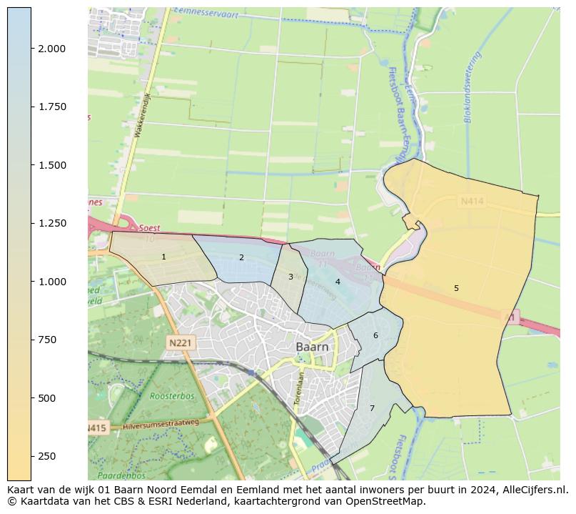 Kaart van de wijk 01 Baarn Noord Eemdal en Eemland met het aantal inwoners per buurt in 2024. Op deze pagina vind je veel informatie over inwoners (zoals de verdeling naar leeftijdsgroepen, gezinssamenstelling, geslacht, autochtoon of Nederlands met een immigratie achtergrond,...), woningen (aantallen, types, prijs ontwikkeling, gebruik, type eigendom,...) en méér (autobezit, energieverbruik,...)  op basis van open data van het centraal bureau voor de statistiek en diverse andere bronnen!