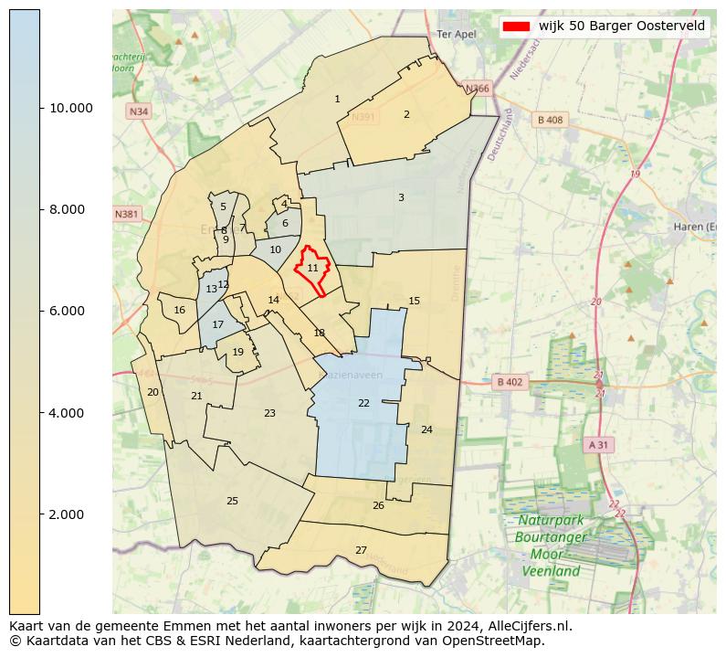 Kaart van de gemeente Emmen met het aantal inwoners per wijk in 2024. Op deze pagina vind je veel informatie over inwoners (zoals de verdeling naar leeftijdsgroepen, gezinssamenstelling, geslacht, autochtoon of Nederlands met een immigratie achtergrond,...), woningen (aantallen, types, prijs ontwikkeling, gebruik, type eigendom,...) en méér (autobezit, energieverbruik,...)  op basis van open data van het Centraal Bureau voor de Statistiek en diverse andere bronnen!