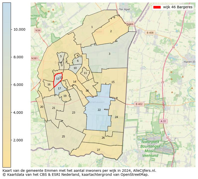 Kaart van de gemeente Emmen met het aantal inwoners per wijk in 2024. Op deze pagina vind je veel informatie over inwoners (zoals de verdeling naar leeftijdsgroepen, gezinssamenstelling, geslacht, autochtoon of Nederlands met een immigratie achtergrond,...), woningen (aantallen, types, prijs ontwikkeling, gebruik, type eigendom,...) en méér (autobezit, energieverbruik,...)  op basis van open data van het centraal bureau voor de statistiek en diverse andere bronnen!