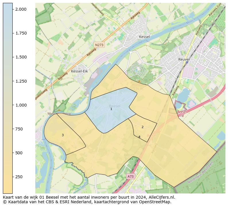 Kaart van de wijk 01 Beesel met het aantal inwoners per buurt in 2024. Op deze pagina vind je veel informatie over inwoners (zoals de verdeling naar leeftijdsgroepen, gezinssamenstelling, geslacht, autochtoon of Nederlands met een immigratie achtergrond,...), woningen (aantallen, types, prijs ontwikkeling, gebruik, type eigendom,...) en méér (autobezit, energieverbruik,...)  op basis van open data van het centraal bureau voor de statistiek en diverse andere bronnen!