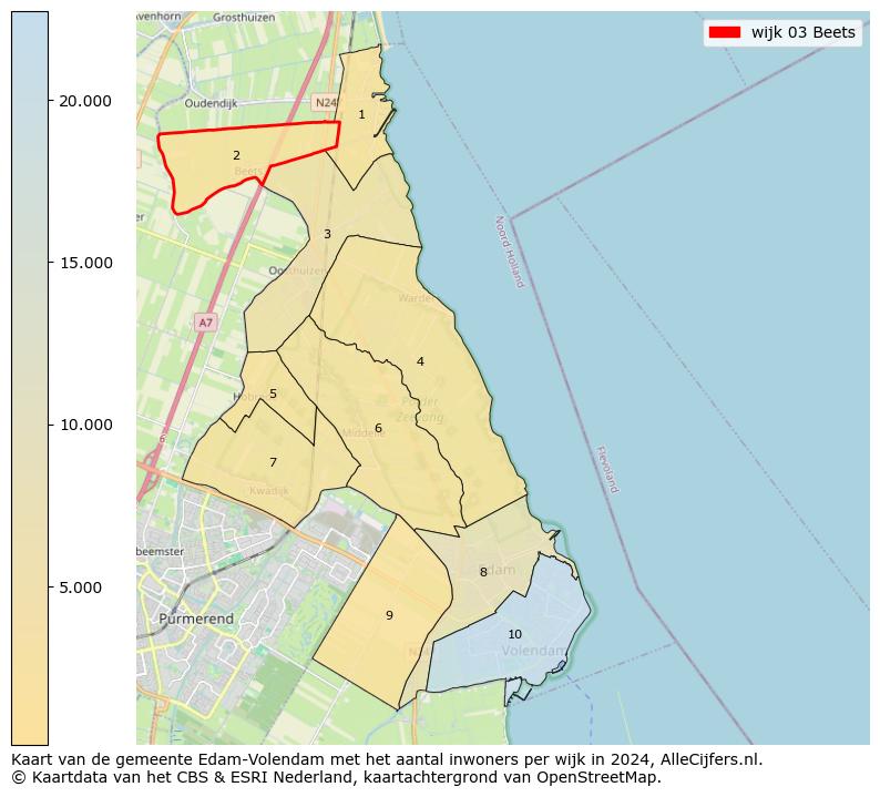 Kaart van de gemeente Edam-Volendam met het aantal inwoners per wijk in 2024. Op deze pagina vind je veel informatie over inwoners (zoals de verdeling naar leeftijdsgroepen, gezinssamenstelling, geslacht, autochtoon of Nederlands met een immigratie achtergrond,...), woningen (aantallen, types, prijs ontwikkeling, gebruik, type eigendom,...) en méér (autobezit, energieverbruik,...)  op basis van open data van het centraal bureau voor de statistiek en diverse andere bronnen!