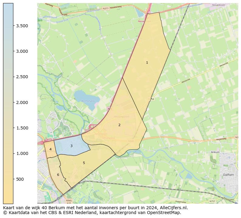 Kaart van de wijk 40 Berkum met het aantal inwoners per buurt in 2024. Op deze pagina vind je veel informatie over inwoners (zoals de verdeling naar leeftijdsgroepen, gezinssamenstelling, geslacht, autochtoon of Nederlands met een immigratie achtergrond,...), woningen (aantallen, types, prijs ontwikkeling, gebruik, type eigendom,...) en méér (autobezit, energieverbruik,...)  op basis van open data van het centraal bureau voor de statistiek en diverse andere bronnen!