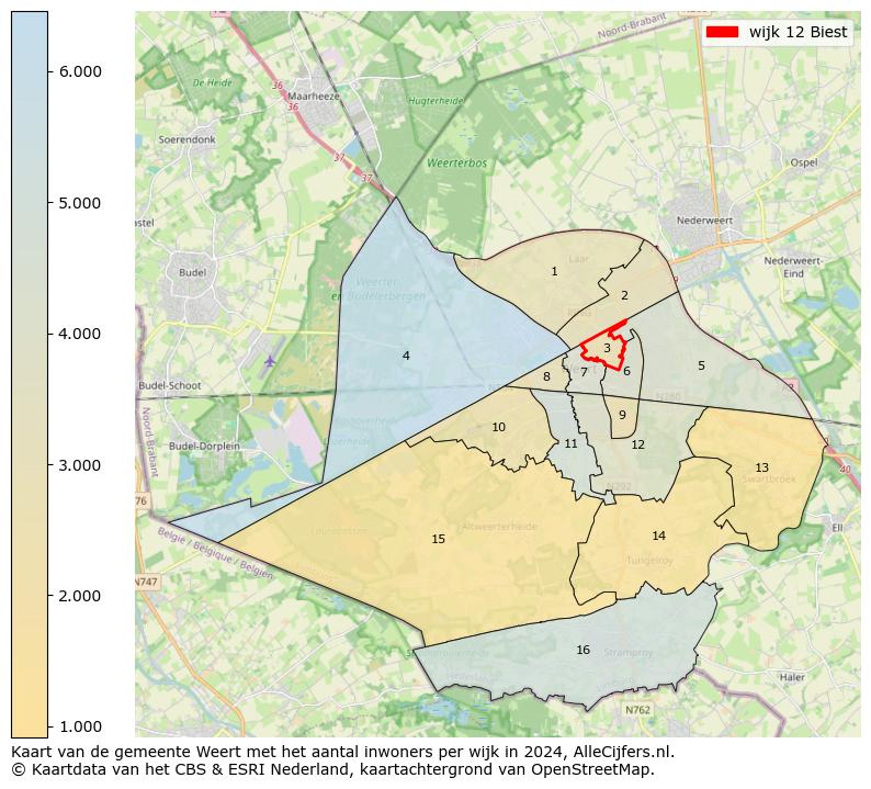 Kaart van de gemeente Weert met het aantal inwoners per wijk in 2024. Op deze pagina vind je veel informatie over inwoners (zoals de verdeling naar leeftijdsgroepen, gezinssamenstelling, geslacht, autochtoon of Nederlands met een immigratie achtergrond,...), woningen (aantallen, types, prijs ontwikkeling, gebruik, type eigendom,...) en méér (autobezit, energieverbruik,...)  op basis van open data van het centraal bureau voor de statistiek en diverse andere bronnen!