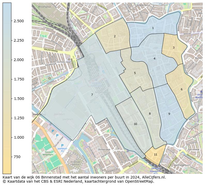 Kaart van de wijk 06 Binnenstad met het aantal inwoners per buurt in 2024. Op deze pagina vind je veel informatie over inwoners (zoals de verdeling naar leeftijdsgroepen, gezinssamenstelling, geslacht, autochtoon of Nederlands met een immigratie achtergrond,...), woningen (aantallen, types, prijs ontwikkeling, gebruik, type eigendom,...) en méér (autobezit, energieverbruik,...)  op basis van open data van het centraal bureau voor de statistiek en diverse andere bronnen!