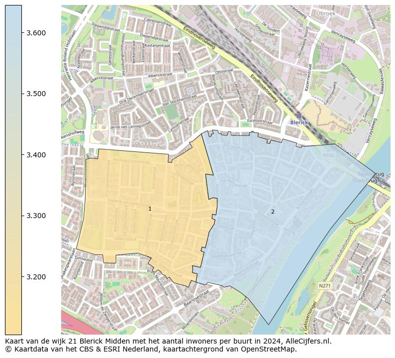 Kaart van de wijk 21 Blerick Midden met het aantal inwoners per buurt in 2024. Op deze pagina vind je veel informatie over inwoners (zoals de verdeling naar leeftijdsgroepen, gezinssamenstelling, geslacht, autochtoon of Nederlands met een immigratie achtergrond,...), woningen (aantallen, types, prijs ontwikkeling, gebruik, type eigendom,...) en méér (autobezit, energieverbruik,...)  op basis van open data van het centraal bureau voor de statistiek en diverse andere bronnen!