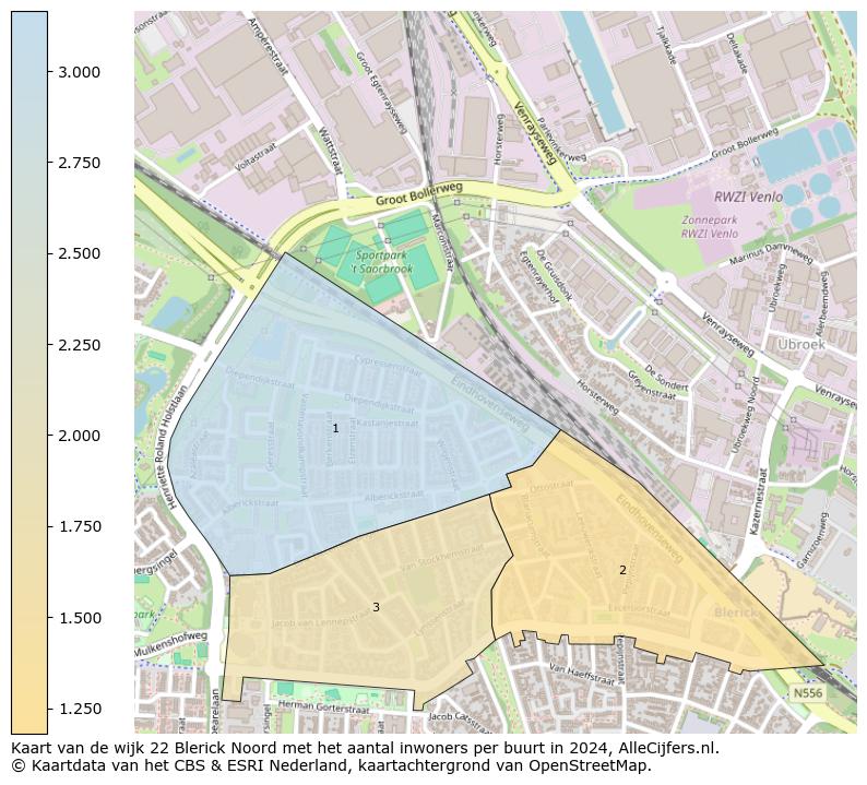 Kaart van de wijk 22 Blerick Noord met het aantal inwoners per buurt in 2024. Op deze pagina vind je veel informatie over inwoners (zoals de verdeling naar leeftijdsgroepen, gezinssamenstelling, geslacht, autochtoon of Nederlands met een immigratie achtergrond,...), woningen (aantallen, types, prijs ontwikkeling, gebruik, type eigendom,...) en méér (autobezit, energieverbruik,...)  op basis van open data van het centraal bureau voor de statistiek en diverse andere bronnen!