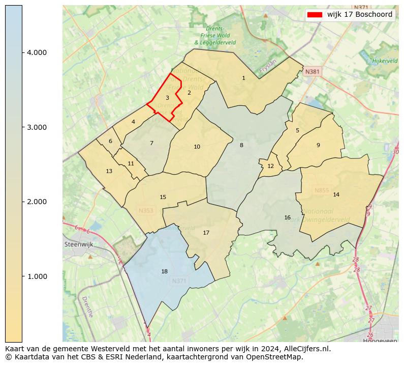 Kaart van de gemeente Westerveld met het aantal inwoners per wijk in 2024. Op deze pagina vind je veel informatie over inwoners (zoals de verdeling naar leeftijdsgroepen, gezinssamenstelling, geslacht, autochtoon of Nederlands met een immigratie achtergrond,...), woningen (aantallen, types, prijs ontwikkeling, gebruik, type eigendom,...) en méér (autobezit, energieverbruik,...)  op basis van open data van het Centraal Bureau voor de Statistiek en diverse andere bronnen!