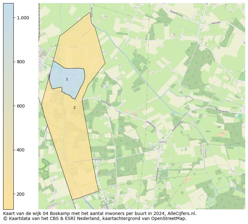 Kaart van de wijk 04 Boskamp met het aantal inwoners per buurt in 2024. Op deze pagina vind je veel informatie over inwoners (zoals de verdeling naar leeftijdsgroepen, gezinssamenstelling, geslacht, autochtoon of Nederlands met een immigratie achtergrond,...), woningen (aantallen, types, prijs ontwikkeling, gebruik, type eigendom,...) en méér (autobezit, energieverbruik,...)  op basis van open data van het centraal bureau voor de statistiek en diverse andere bronnen!