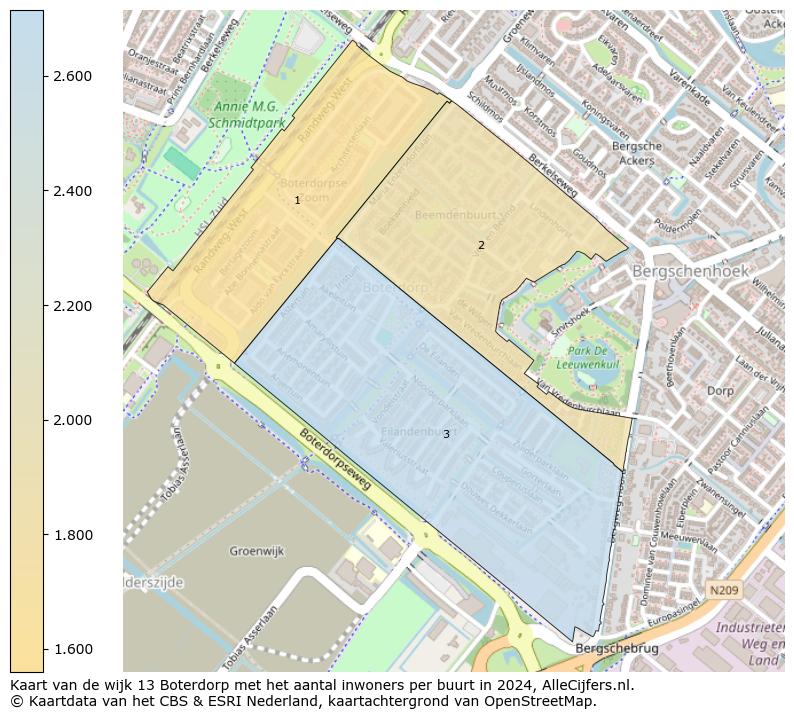 Kaart van de wijk 13 Boterdorp met het aantal inwoners per buurt in 2024. Op deze pagina vind je veel informatie over inwoners (zoals de verdeling naar leeftijdsgroepen, gezinssamenstelling, geslacht, autochtoon of Nederlands met een immigratie achtergrond,...), woningen (aantallen, types, prijs ontwikkeling, gebruik, type eigendom,...) en méér (autobezit, energieverbruik,...)  op basis van open data van het centraal bureau voor de statistiek en diverse andere bronnen!