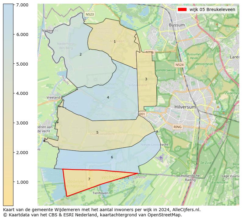 Kaart van de gemeente Wijdemeren met het aantal inwoners per wijk in 2024. Op deze pagina vind je veel informatie over inwoners (zoals de verdeling naar leeftijdsgroepen, gezinssamenstelling, geslacht, autochtoon of Nederlands met een immigratie achtergrond,...), woningen (aantallen, types, prijs ontwikkeling, gebruik, type eigendom,...) en méér (autobezit, energieverbruik,...)  op basis van open data van het centraal bureau voor de statistiek en diverse andere bronnen!