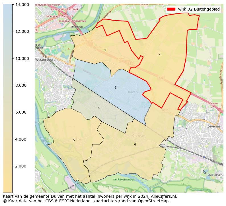 Kaart van de gemeente Duiven met het aantal inwoners per wijk in 2024. Op deze pagina vind je veel informatie over inwoners (zoals de verdeling naar leeftijdsgroepen, gezinssamenstelling, geslacht, autochtoon of Nederlands met een immigratie achtergrond,...), woningen (aantallen, types, prijs ontwikkeling, gebruik, type eigendom,...) en méér (autobezit, energieverbruik,...)  op basis van open data van het Centraal Bureau voor de Statistiek en diverse andere bronnen!