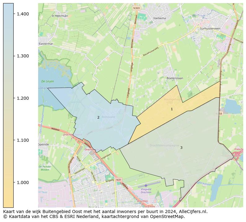 Kaart van de wijk Buitengebied Oost met het aantal inwoners per buurt in 2024. Op deze pagina vind je veel informatie over inwoners (zoals de verdeling naar leeftijdsgroepen, gezinssamenstelling, geslacht, autochtoon of Nederlands met een immigratie achtergrond,...), woningen (aantallen, types, prijs ontwikkeling, gebruik, type eigendom,...) en méér (autobezit, energieverbruik,...)  op basis van open data van het centraal bureau voor de statistiek en diverse andere bronnen!