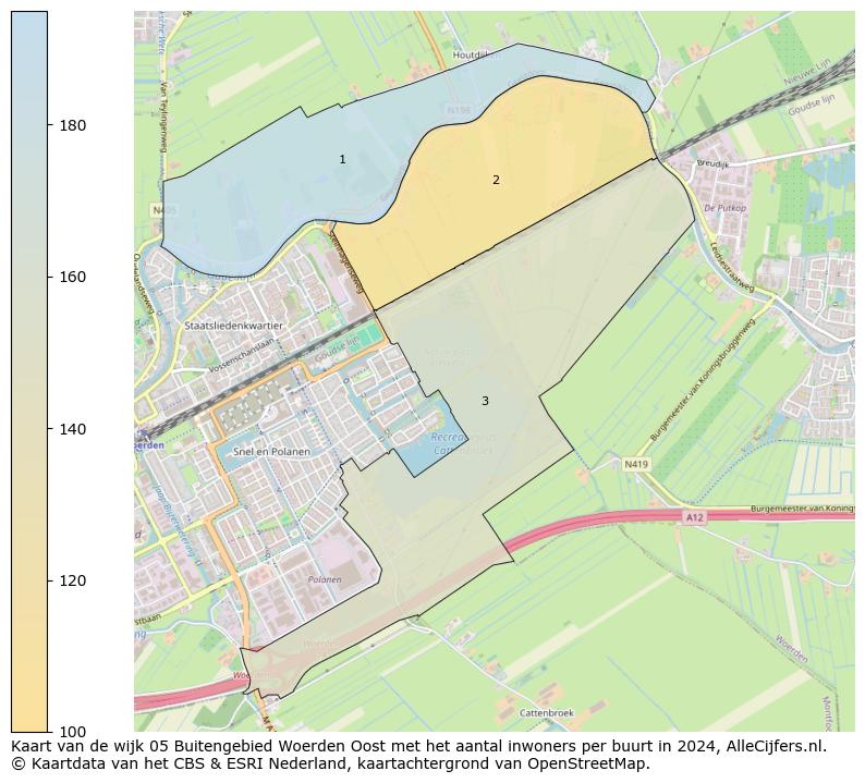 Kaart van de wijk 05 Buitengebied Woerden Oost met het aantal inwoners per buurt in 2024. Op deze pagina vind je veel informatie over inwoners (zoals de verdeling naar leeftijdsgroepen, gezinssamenstelling, geslacht, autochtoon of Nederlands met een immigratie achtergrond,...), woningen (aantallen, types, prijs ontwikkeling, gebruik, type eigendom,...) en méér (autobezit, energieverbruik,...)  op basis van open data van het centraal bureau voor de statistiek en diverse andere bronnen!