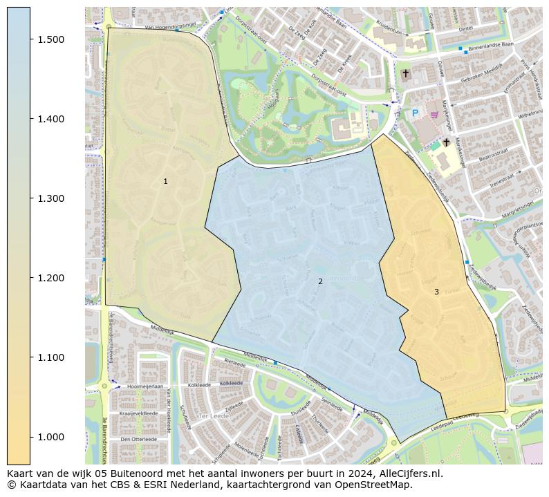 Kaart van de wijk 05 Buitenoord met het aantal inwoners per buurt in 2024. Op deze pagina vind je veel informatie over inwoners (zoals de verdeling naar leeftijdsgroepen, gezinssamenstelling, geslacht, autochtoon of Nederlands met een immigratie achtergrond,...), woningen (aantallen, types, prijs ontwikkeling, gebruik, type eigendom,...) en méér (autobezit, energieverbruik,...)  op basis van open data van het Centraal Bureau voor de Statistiek en diverse andere bronnen!