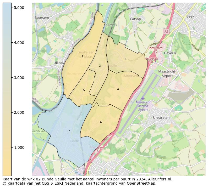 Kaart van de wijk 02 Bunde Geulle met het aantal inwoners per buurt in 2024. Op deze pagina vind je veel informatie over inwoners (zoals de verdeling naar leeftijdsgroepen, gezinssamenstelling, geslacht, autochtoon of Nederlands met een immigratie achtergrond,...), woningen (aantallen, types, prijs ontwikkeling, gebruik, type eigendom,...) en méér (autobezit, energieverbruik,...)  op basis van open data van het Centraal Bureau voor de Statistiek en diverse andere bronnen!