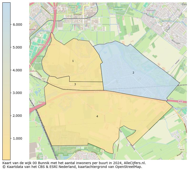 Kaart van de wijk 00 Bunnik met het aantal inwoners per buurt in 2024. Op deze pagina vind je veel informatie over inwoners (zoals de verdeling naar leeftijdsgroepen, gezinssamenstelling, geslacht, autochtoon of Nederlands met een immigratie achtergrond,...), woningen (aantallen, types, prijs ontwikkeling, gebruik, type eigendom,...) en méér (autobezit, energieverbruik,...)  op basis van open data van het centraal bureau voor de statistiek en diverse andere bronnen!