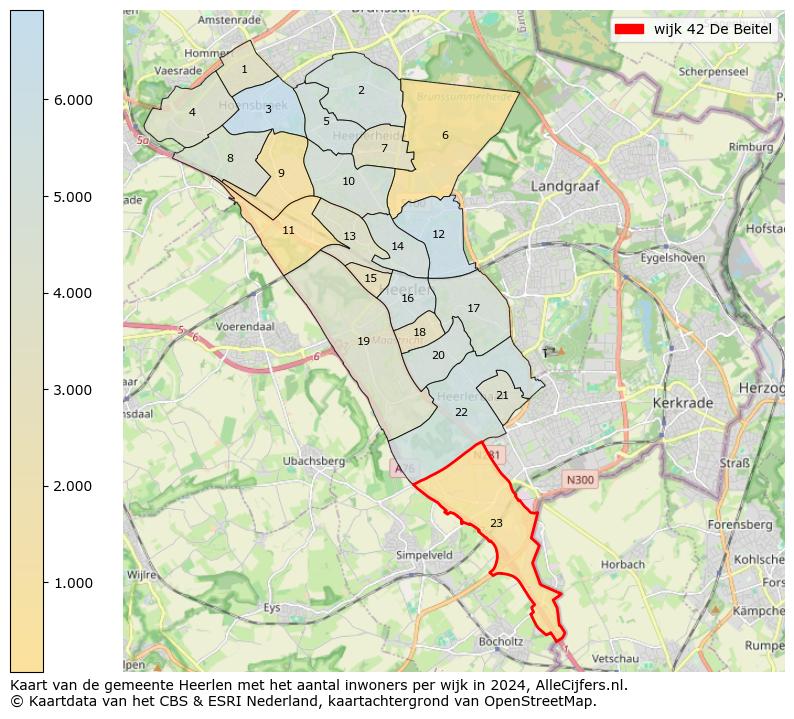 Kaart van de gemeente Heerlen met het aantal inwoners per wijk in 2024. Op deze pagina vind je veel informatie over inwoners (zoals de verdeling naar leeftijdsgroepen, gezinssamenstelling, geslacht, autochtoon of Nederlands met een immigratie achtergrond,...), woningen (aantallen, types, prijs ontwikkeling, gebruik, type eigendom,...) en méér (autobezit, energieverbruik,...)  op basis van open data van het centraal bureau voor de statistiek en diverse andere bronnen!