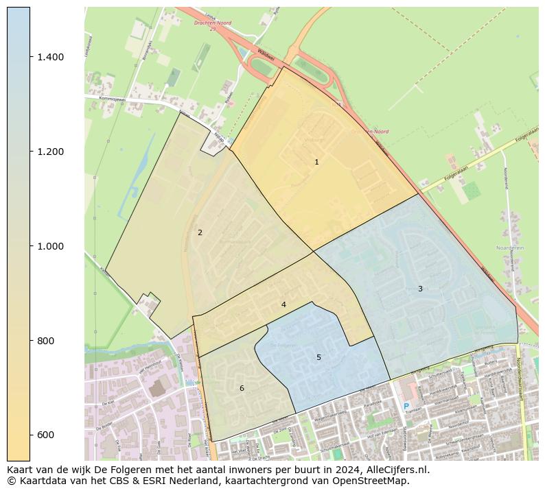 Kaart van de wijk De Folgeren met het aantal inwoners per buurt in 2024. Op deze pagina vind je veel informatie over inwoners (zoals de verdeling naar leeftijdsgroepen, gezinssamenstelling, geslacht, autochtoon of Nederlands met een immigratie achtergrond,...), woningen (aantallen, types, prijs ontwikkeling, gebruik, type eigendom,...) en méér (autobezit, energieverbruik,...)  op basis van open data van het centraal bureau voor de statistiek en diverse andere bronnen!