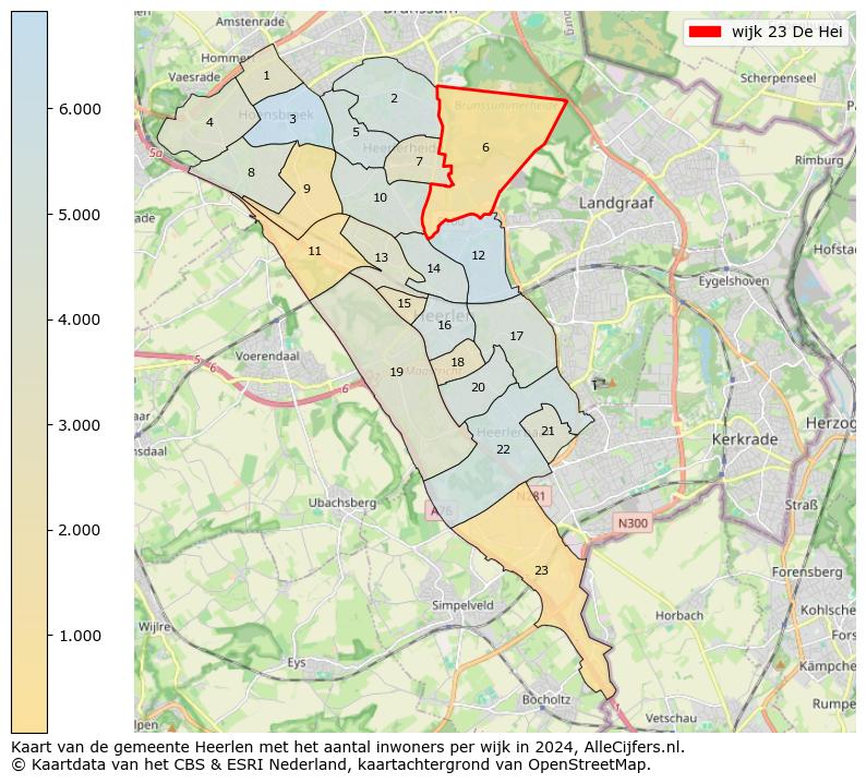 Kaart van de gemeente Heerlen met het aantal inwoners per wijk in 2024. Op deze pagina vind je veel informatie over inwoners (zoals de verdeling naar leeftijdsgroepen, gezinssamenstelling, geslacht, autochtoon of Nederlands met een immigratie achtergrond,...), woningen (aantallen, types, prijs ontwikkeling, gebruik, type eigendom,...) en méér (autobezit, energieverbruik,...)  op basis van open data van het centraal bureau voor de statistiek en diverse andere bronnen!