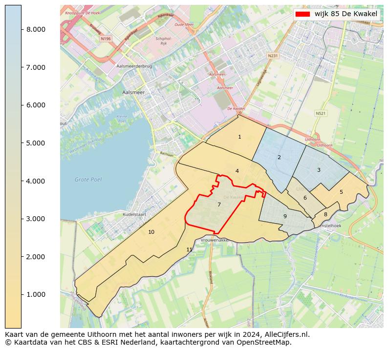 Kaart van de gemeente Uithoorn met het aantal inwoners per wijk in 2024. Op deze pagina vind je veel informatie over inwoners (zoals de verdeling naar leeftijdsgroepen, gezinssamenstelling, geslacht, autochtoon of Nederlands met een immigratie achtergrond,...), woningen (aantallen, types, prijs ontwikkeling, gebruik, type eigendom,...) en méér (autobezit, energieverbruik,...)  op basis van open data van het Centraal Bureau voor de Statistiek en diverse andere bronnen!