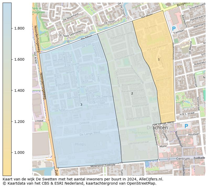 Kaart van de wijk De Swetten met het aantal inwoners per buurt in 2024. Op deze pagina vind je veel informatie over inwoners (zoals de verdeling naar leeftijdsgroepen, gezinssamenstelling, geslacht, autochtoon of Nederlands met een immigratie achtergrond,...), woningen (aantallen, types, prijs ontwikkeling, gebruik, type eigendom,...) en méér (autobezit, energieverbruik,...)  op basis van open data van het centraal bureau voor de statistiek en diverse andere bronnen!