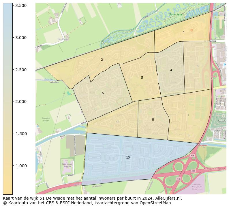 Kaart van de wijk 51 De Weide met het aantal inwoners per buurt in 2024. Op deze pagina vind je veel informatie over inwoners (zoals de verdeling naar leeftijdsgroepen, gezinssamenstelling, geslacht, autochtoon of Nederlands met een immigratie achtergrond,...), woningen (aantallen, types, prijs ontwikkeling, gebruik, type eigendom,...) en méér (autobezit, energieverbruik,...)  op basis van open data van het centraal bureau voor de statistiek en diverse andere bronnen!