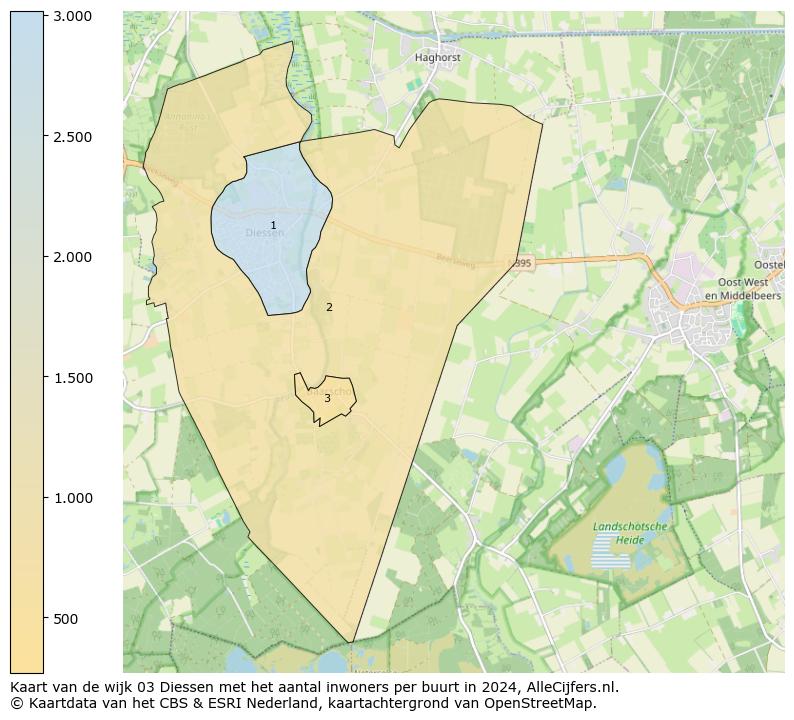 Kaart van de wijk 03 Diessen met het aantal inwoners per buurt in 2024. Op deze pagina vind je veel informatie over inwoners (zoals de verdeling naar leeftijdsgroepen, gezinssamenstelling, geslacht, autochtoon of Nederlands met een immigratie achtergrond,...), woningen (aantallen, types, prijs ontwikkeling, gebruik, type eigendom,...) en méér (autobezit, energieverbruik,...)  op basis van open data van het centraal bureau voor de statistiek en diverse andere bronnen!