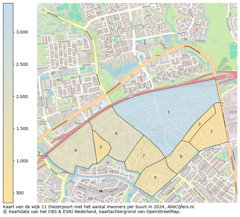 Kaart van de wijk 11 Diezerpoort met het aantal inwoners per buurt in 2024. Op deze pagina vind je veel informatie over inwoners (zoals de verdeling naar leeftijdsgroepen, gezinssamenstelling, geslacht, autochtoon of Nederlands met een immigratie achtergrond,...), woningen (aantallen, types, prijs ontwikkeling, gebruik, type eigendom,...) en méér (autobezit, energieverbruik,...)  op basis van open data van het centraal bureau voor de statistiek en diverse andere bronnen!