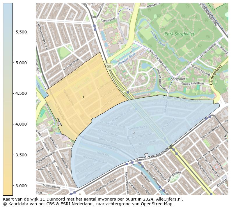 Kaart van de wijk 11 Duinoord met het aantal inwoners per buurt in 2024. Op deze pagina vind je veel informatie over inwoners (zoals de verdeling naar leeftijdsgroepen, gezinssamenstelling, geslacht, autochtoon of Nederlands met een immigratie achtergrond,...), woningen (aantallen, types, prijs ontwikkeling, gebruik, type eigendom,...) en méér (autobezit, energieverbruik,...)  op basis van open data van het centraal bureau voor de statistiek en diverse andere bronnen!