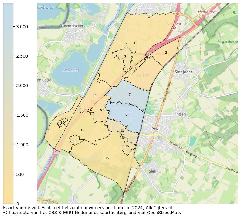 Kaart van de wijk Echt met het aantal inwoners per buurt in 2024. Op deze pagina vind je veel informatie over inwoners (zoals de verdeling naar leeftijdsgroepen, gezinssamenstelling, geslacht, autochtoon of Nederlands met een immigratie achtergrond,...), woningen (aantallen, types, prijs ontwikkeling, gebruik, type eigendom,...) en méér (autobezit, energieverbruik,...)  op basis van open data van het centraal bureau voor de statistiek en diverse andere bronnen!