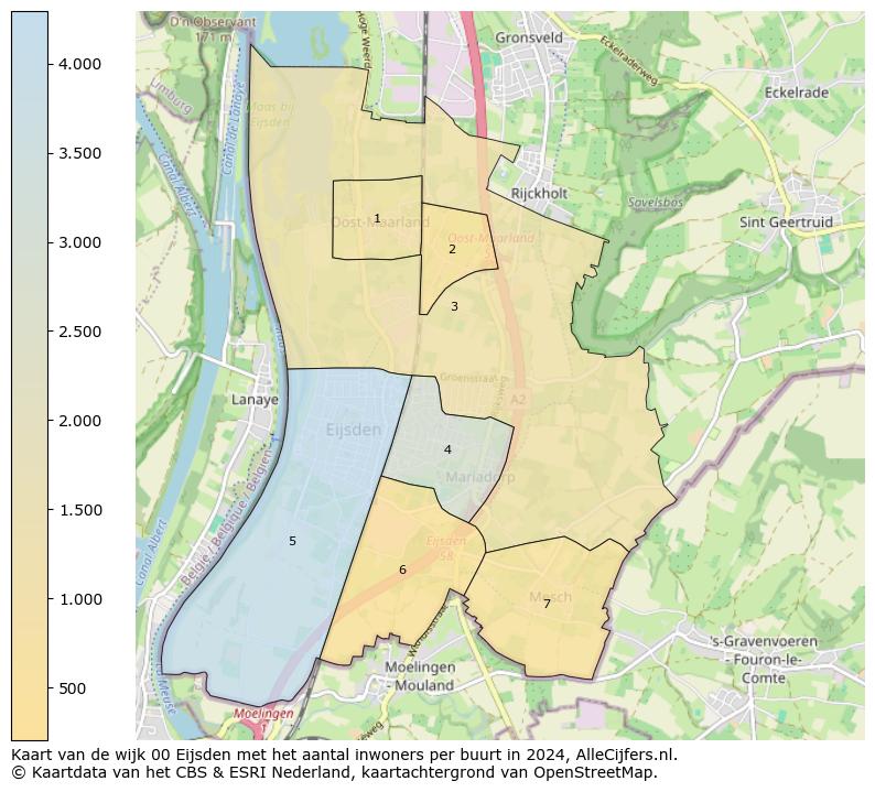 Kaart van de wijk 00 Eijsden met het aantal inwoners per buurt in 2024. Op deze pagina vind je veel informatie over inwoners (zoals de verdeling naar leeftijdsgroepen, gezinssamenstelling, geslacht, autochtoon of Nederlands met een immigratie achtergrond,...), woningen (aantallen, types, prijs ontwikkeling, gebruik, type eigendom,...) en méér (autobezit, energieverbruik,...)  op basis van open data van het centraal bureau voor de statistiek en diverse andere bronnen!