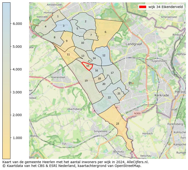 Kaart van de gemeente Heerlen met het aantal inwoners per wijk in 2024. Op deze pagina vind je veel informatie over inwoners (zoals de verdeling naar leeftijdsgroepen, gezinssamenstelling, geslacht, autochtoon of Nederlands met een immigratie achtergrond,...), woningen (aantallen, types, prijs ontwikkeling, gebruik, type eigendom,...) en méér (autobezit, energieverbruik,...)  op basis van open data van het centraal bureau voor de statistiek en diverse andere bronnen!