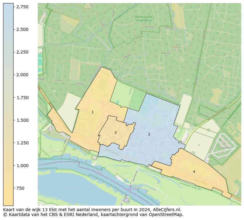 Kaart van de wijk 13 Elst met het aantal inwoners per buurt in 2024. Op deze pagina vind je veel informatie over inwoners (zoals de verdeling naar leeftijdsgroepen, gezinssamenstelling, geslacht, autochtoon of Nederlands met een immigratie achtergrond,...), woningen (aantallen, types, prijs ontwikkeling, gebruik, type eigendom,...) en méér (autobezit, energieverbruik,...)  op basis van open data van het centraal bureau voor de statistiek en diverse andere bronnen!