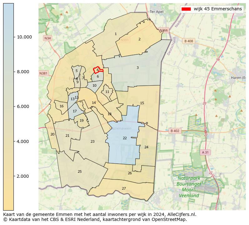 Kaart van de gemeente Emmen met het aantal inwoners per wijk in 2024. Op deze pagina vind je veel informatie over inwoners (zoals de verdeling naar leeftijdsgroepen, gezinssamenstelling, geslacht, autochtoon of Nederlands met een immigratie achtergrond,...), woningen (aantallen, types, prijs ontwikkeling, gebruik, type eigendom,...) en méér (autobezit, energieverbruik,...)  op basis van open data van het centraal bureau voor de statistiek en diverse andere bronnen!